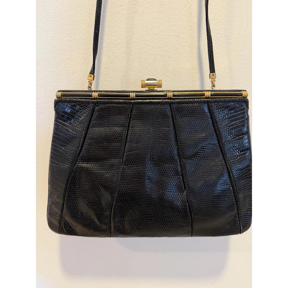 Vintage Black Snake/Lizard Skin Leather Shoulder Bag with Gold Frame
